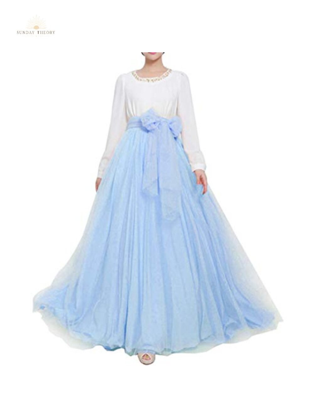 A-Line Maxi Tulle Skirt Floor Length High Waisted with Bowknot Belt